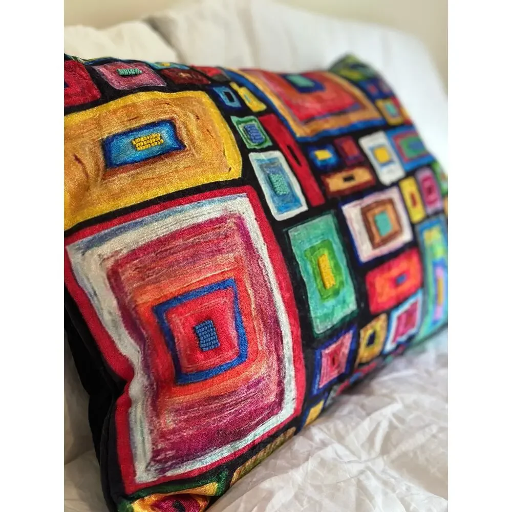 Abstract Geometric Color Block Velvet Lumbar Pillow 14x24 Beaded Maximalist EUC